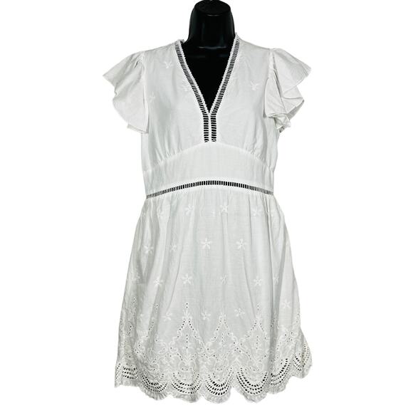 NEW! Runway Paris Flutter Sleeve Dress Cutout White Eyelet Trim - M - Picture 1 of 4